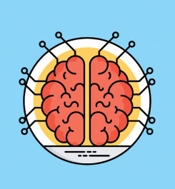 Brain on plate with fork and spoon, symbolizing intelligence and creativity.