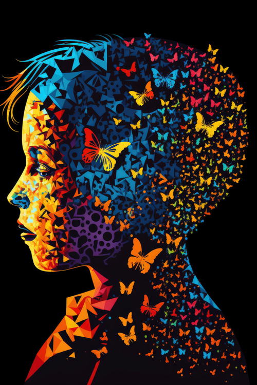 Colorful portrait of a child woman with butterflies flying around her head.