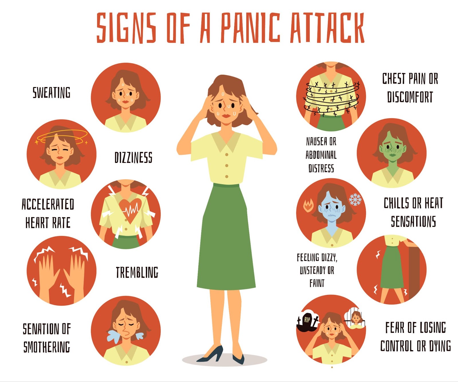 A person experiencing panic attack symptoms rapid heartbeat, shortness of breath, sweating.