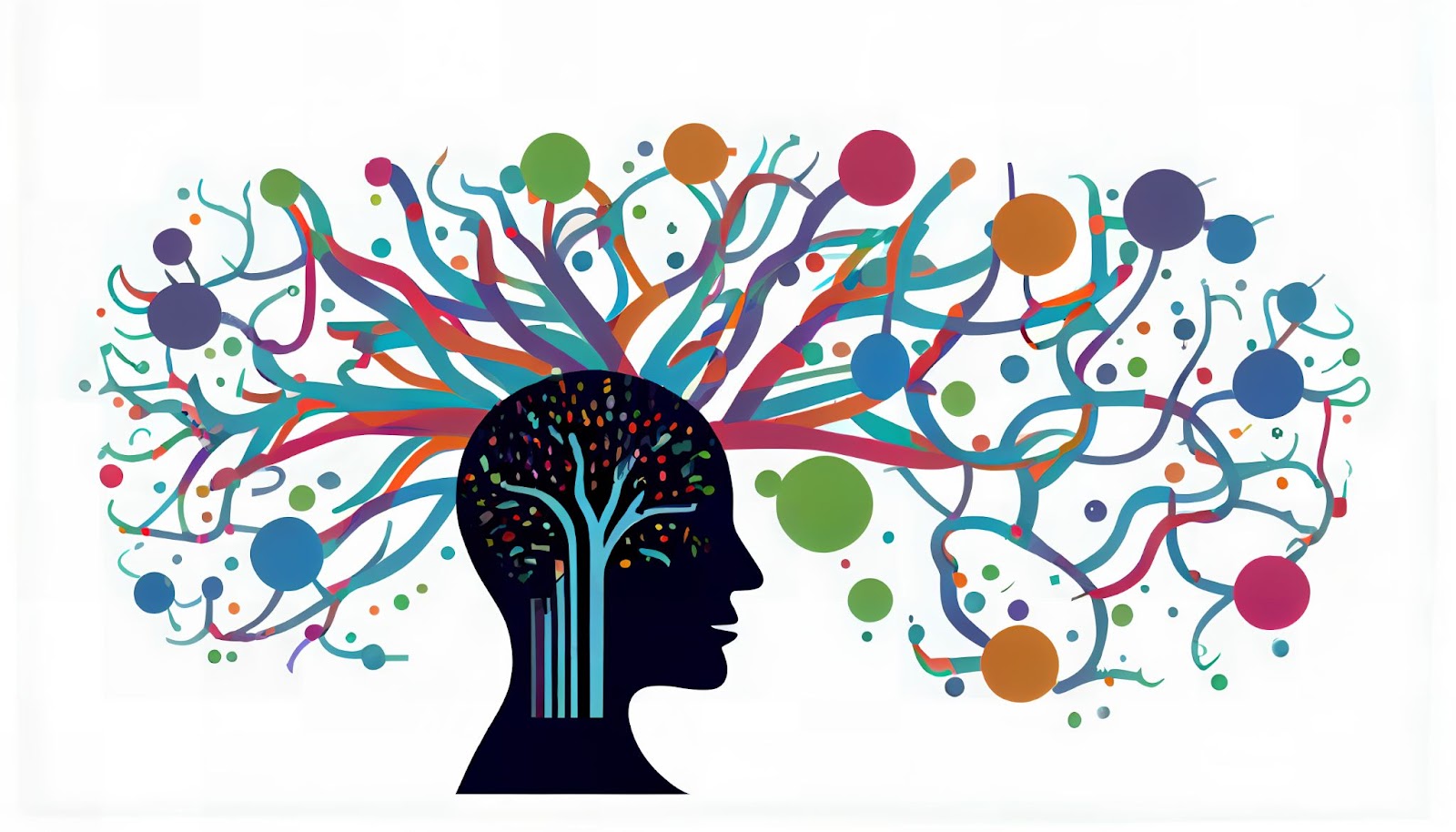 Colorful bubbles and trees surrounding a persons head representing brain mapping and mental health disorders.