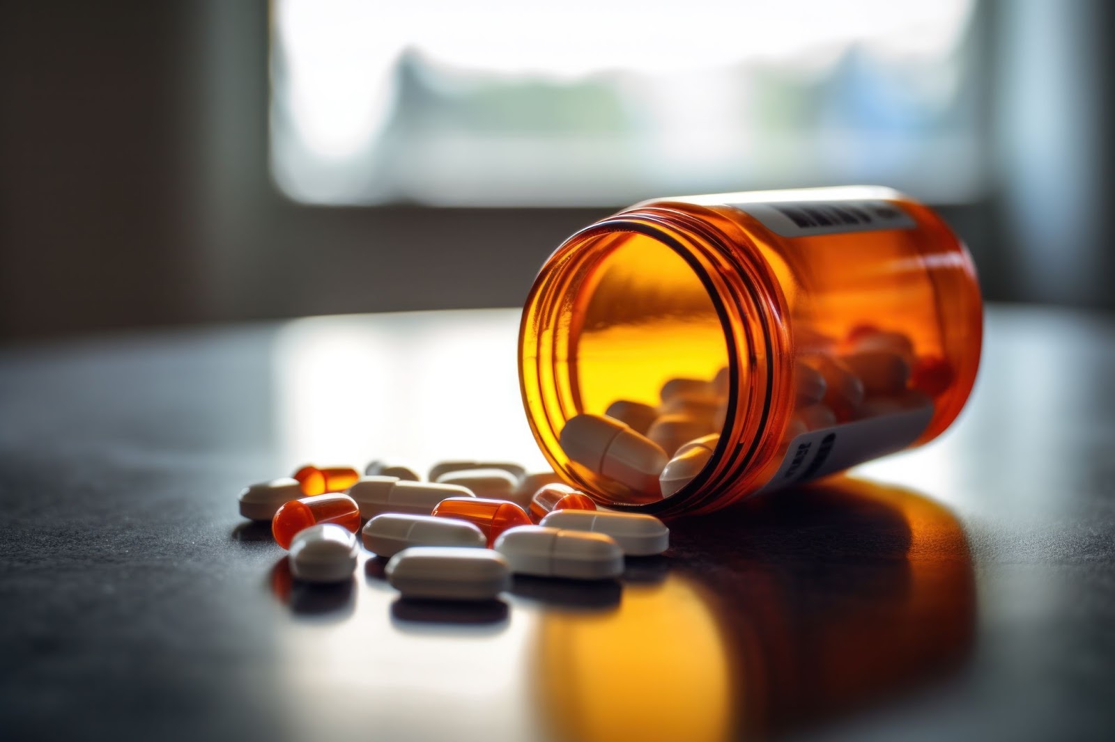 Orange pill bottle with pills spilling out, related to TMS therapy and ADHD medication.