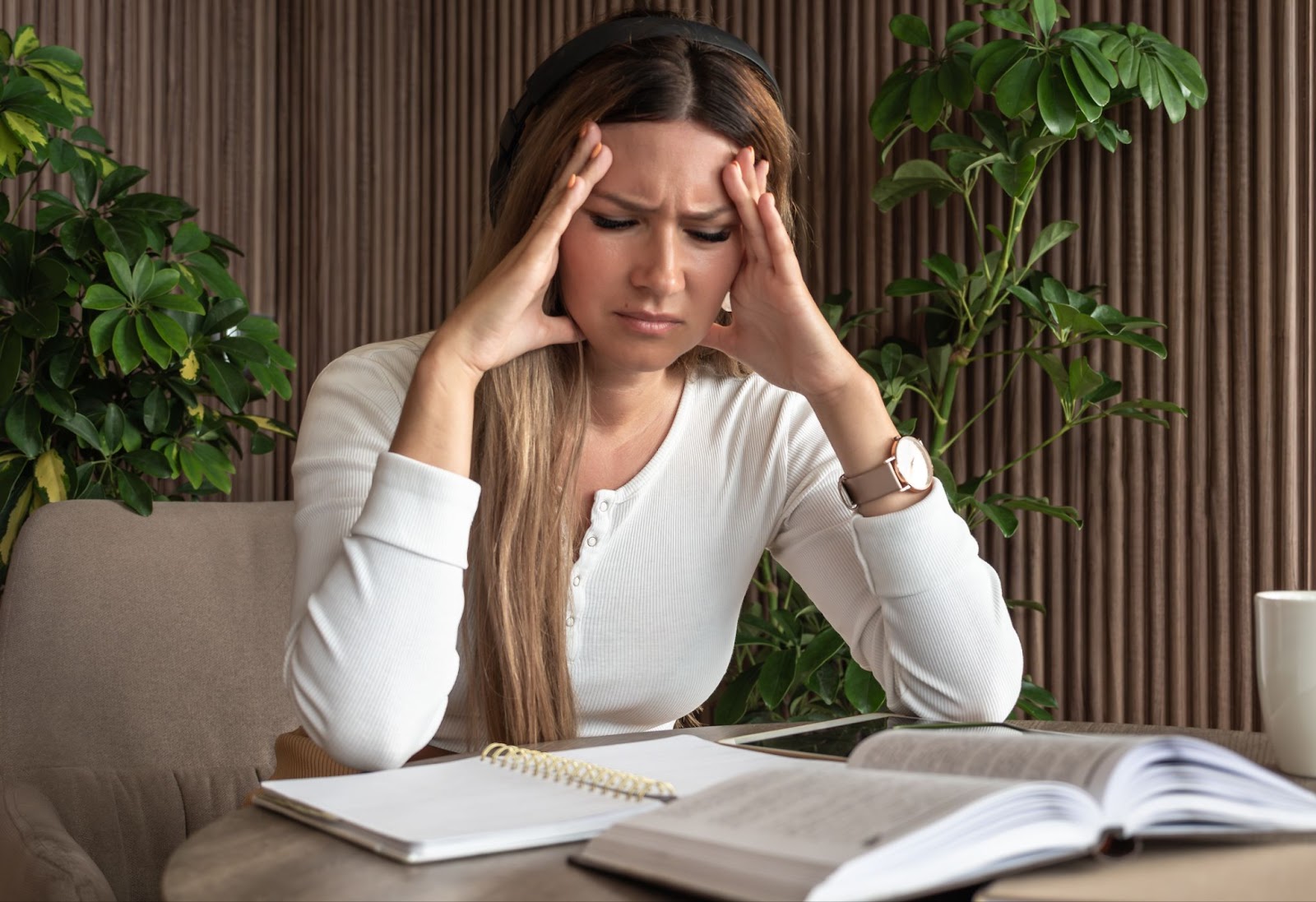 Woman receiving TMS therapy for ADHD, looking stressed with head in hands at table.