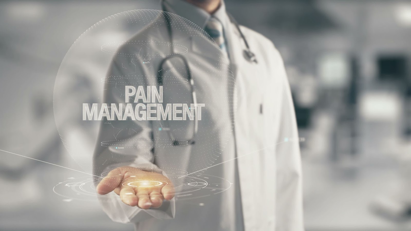 Doctor holding patient's hand with text pain management - TMS therapy for effective pain management concept.