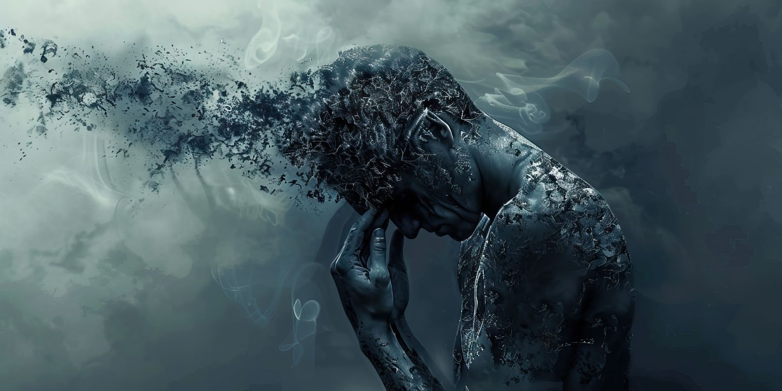 A man with his head in his hands, enveloped in smoke, symbolizing the struggle with suicidal ideation and TMS therapy.