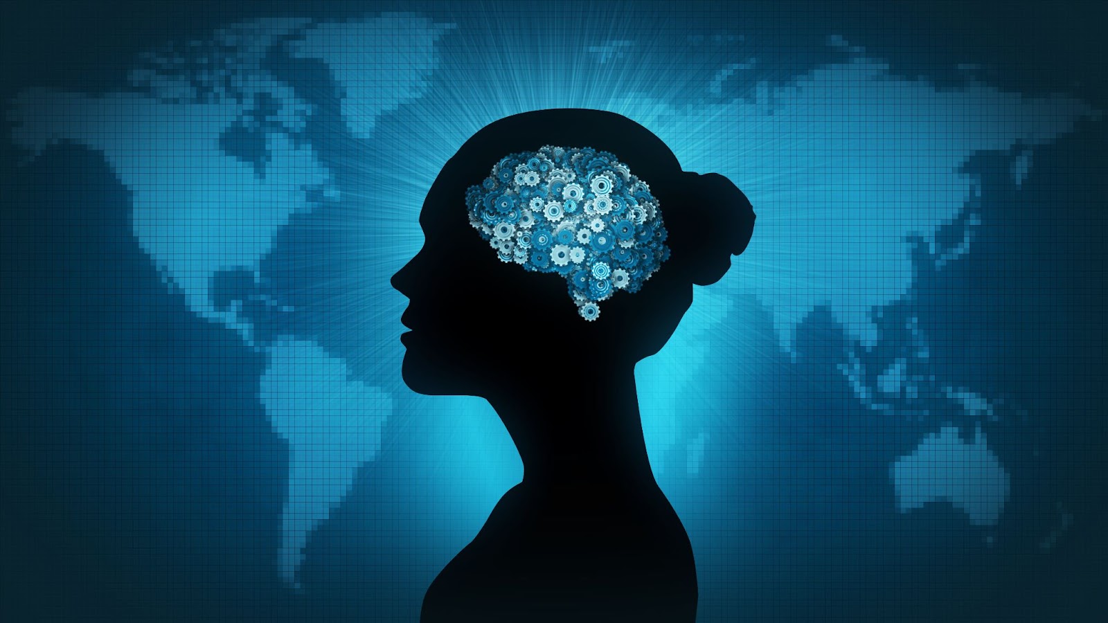 A woman's head silhouette featuring a brain on a world map, representing TMS therapy's role in addressing suicide ideation.