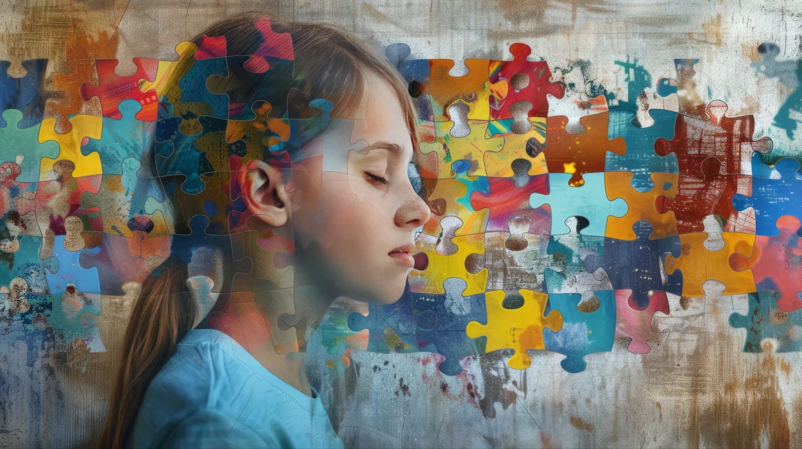 A young girl is immersed in colorful puzzle pieces, representing a playful approach to TMS therapy for ADHD.