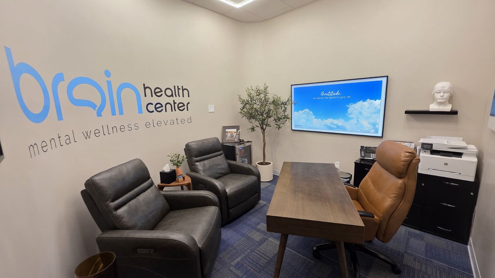  Modern lobby of the Brain Health Center at the University of Texas at Austin, welcoming visitors. 