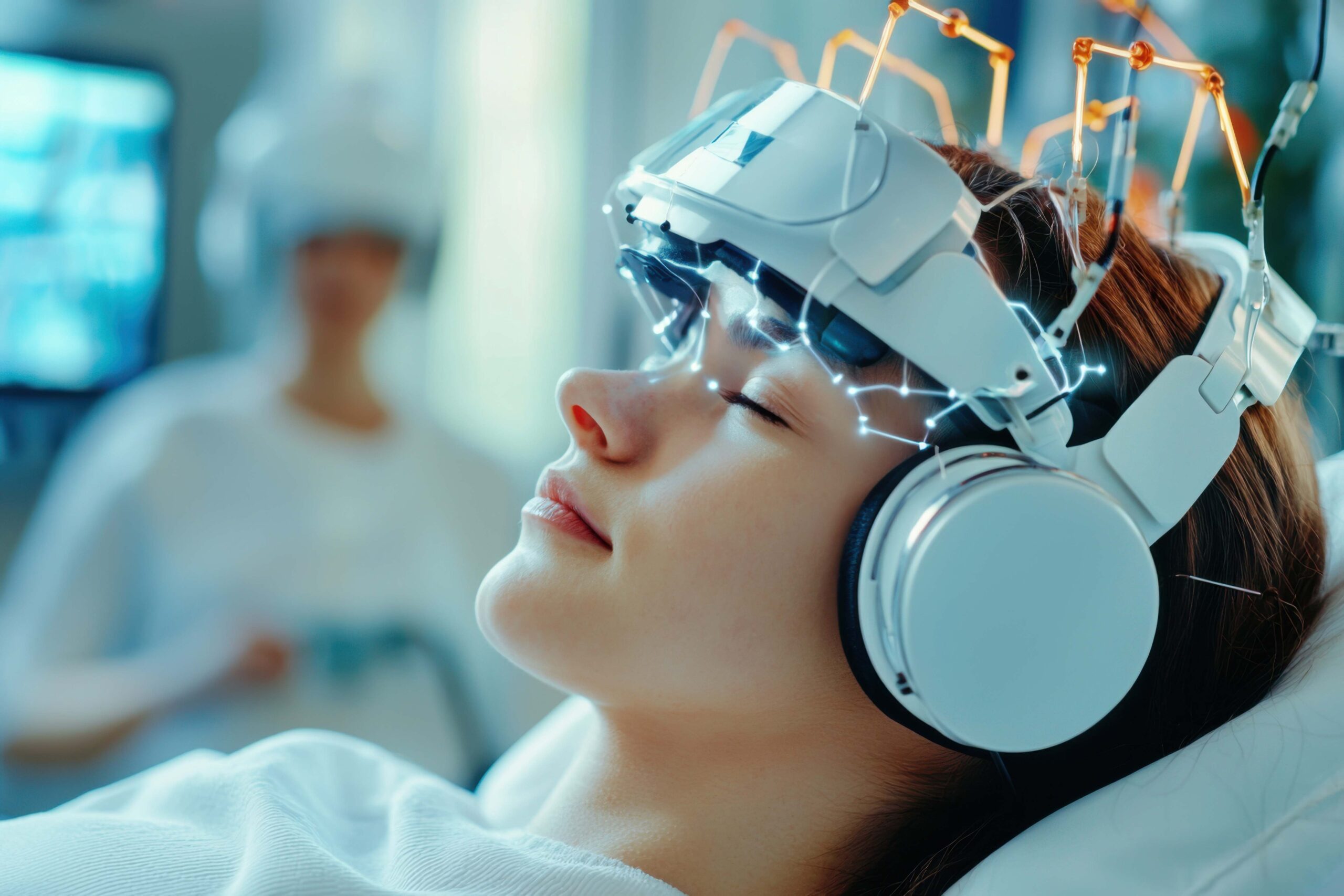 Rear view of a person looking pensively out a window.