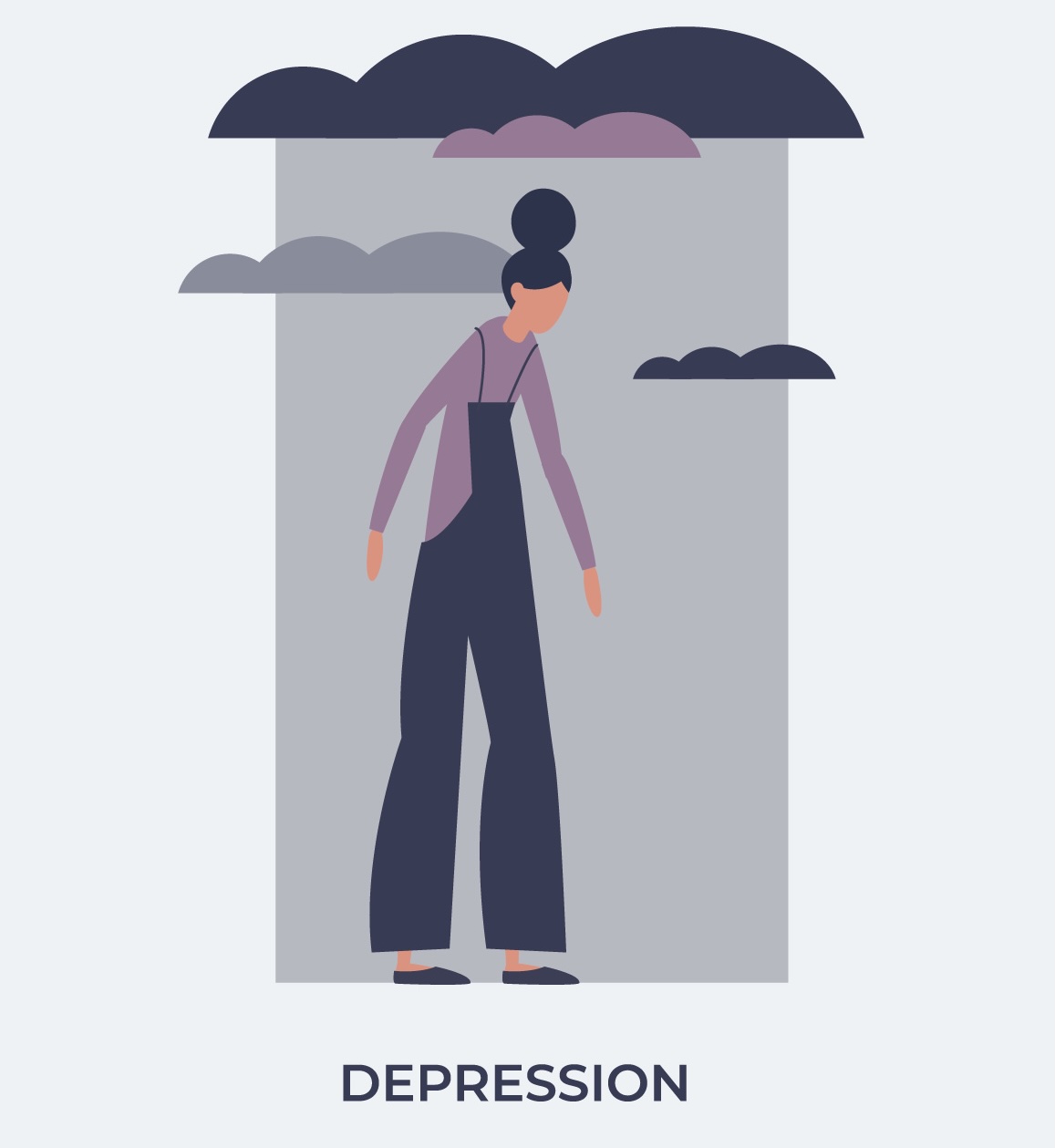 A woman standing under a rain cloud, with rain falling.
